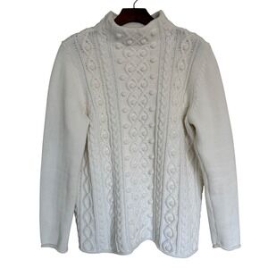 Talbots Cotton Mock Neck Cable Knit Fisherman Sweater L True White Chunky Knit